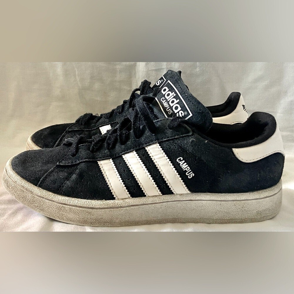 Vtg Adidas Campus Mens Leather Shoes Size 8.5 Black & White Suede Casual Sneaker